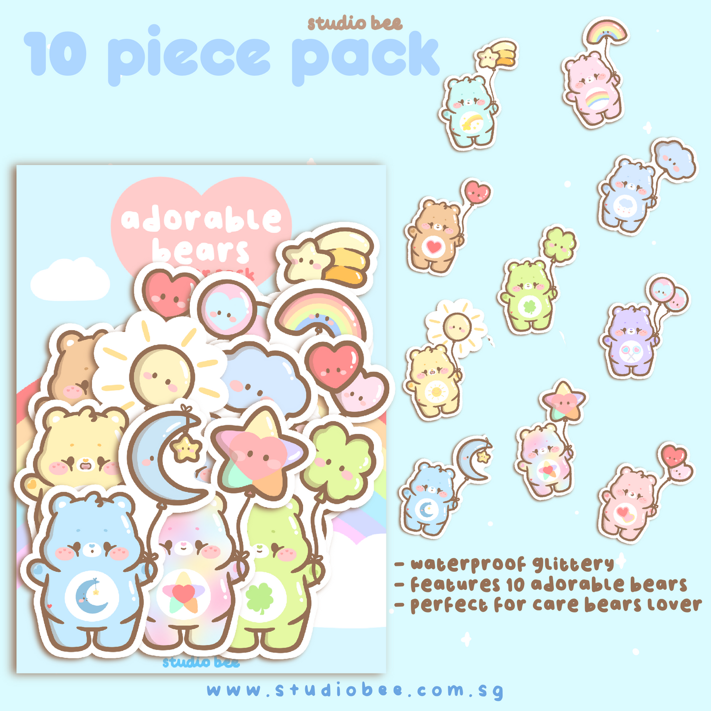 Adorable Bears Glittery Sticker Pack (10pcs)